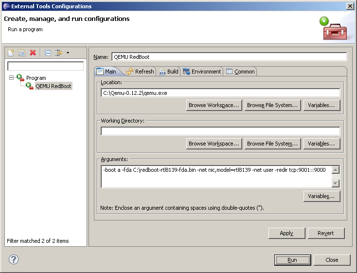Configuring QEMU as an external tool (click to zoom)